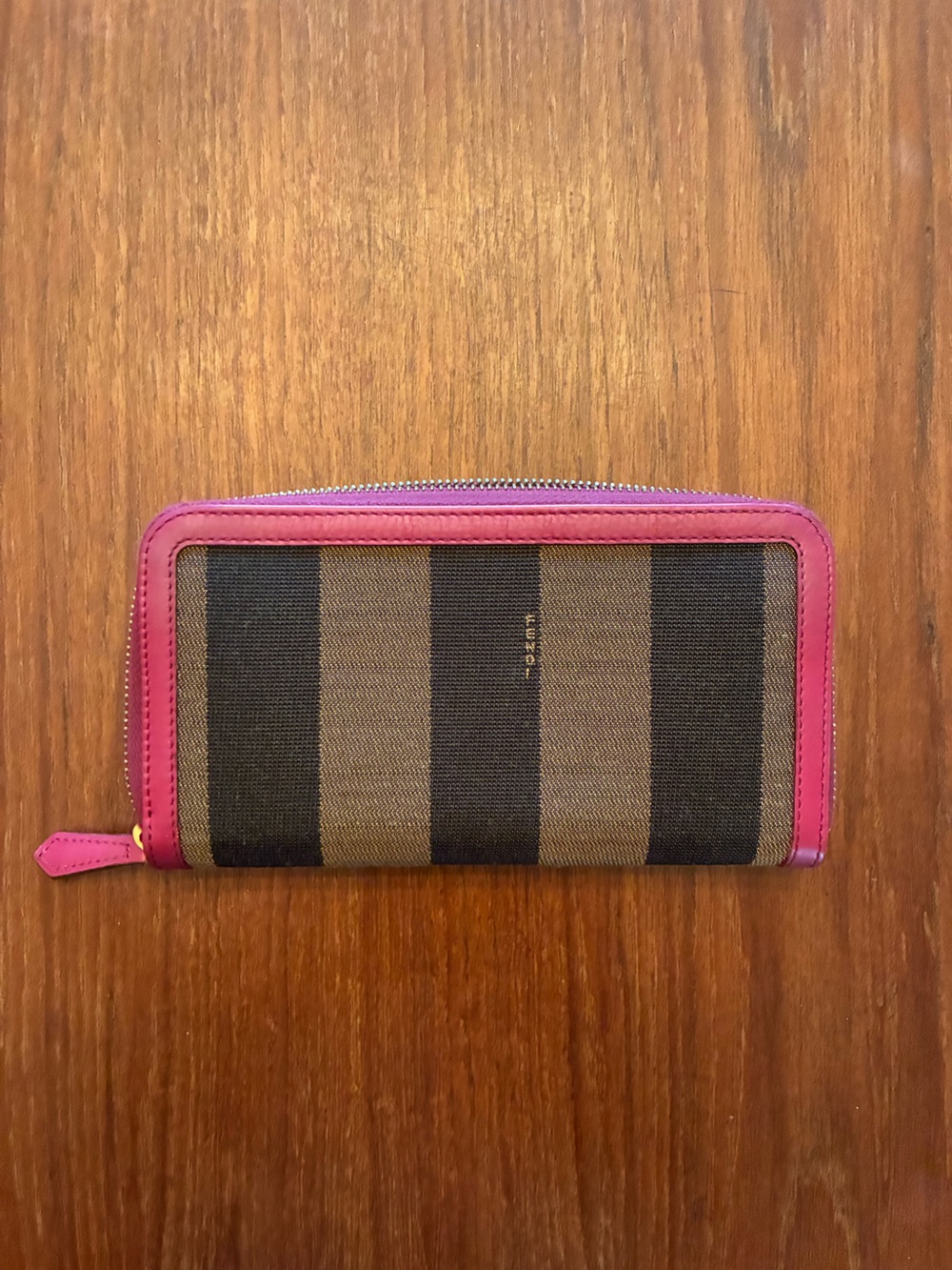 Fendi Striped Canvas Zip Wallet with Pink Trim